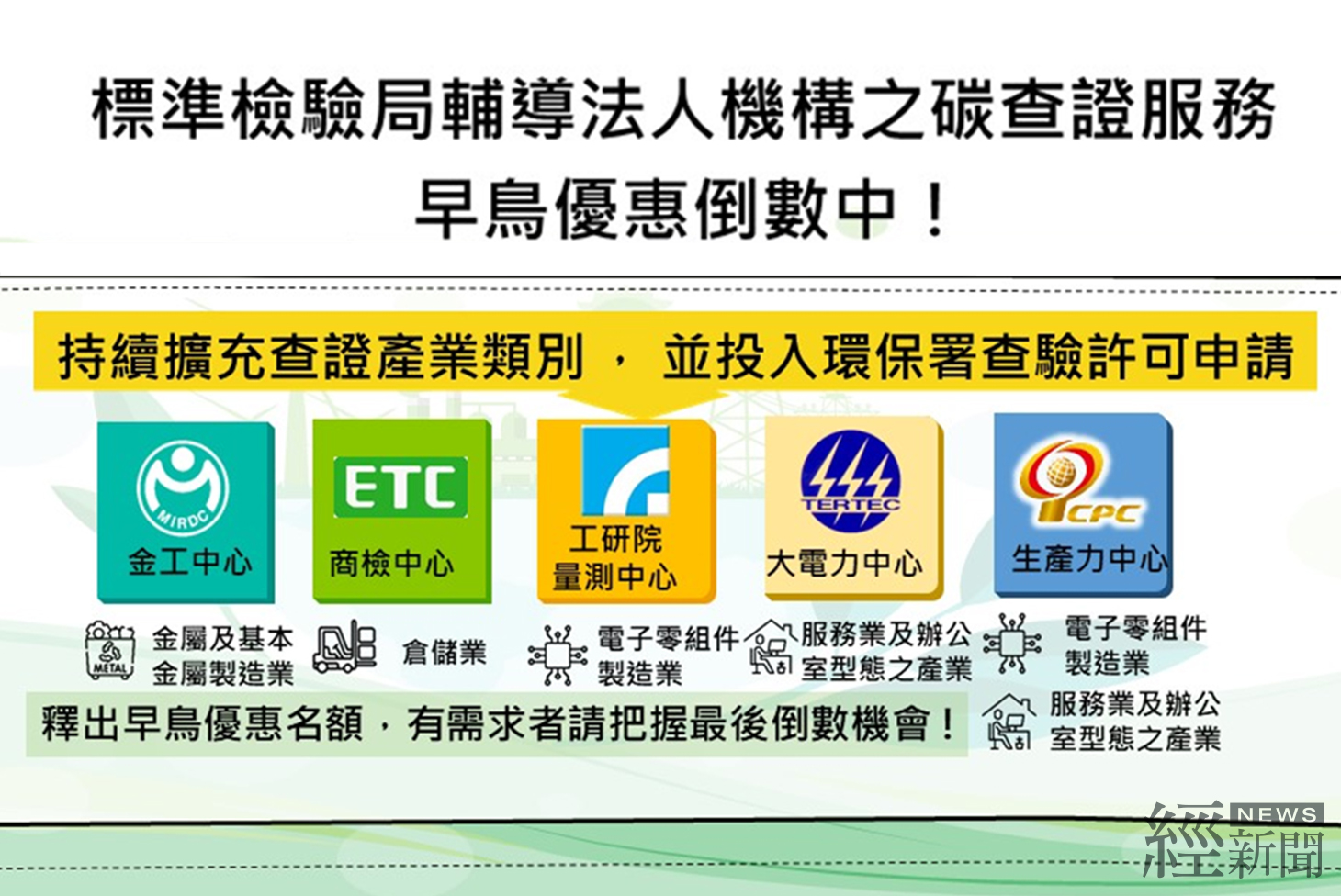 標檢局輔導法人機構碳查證服務  早鳥優惠倒數中！
